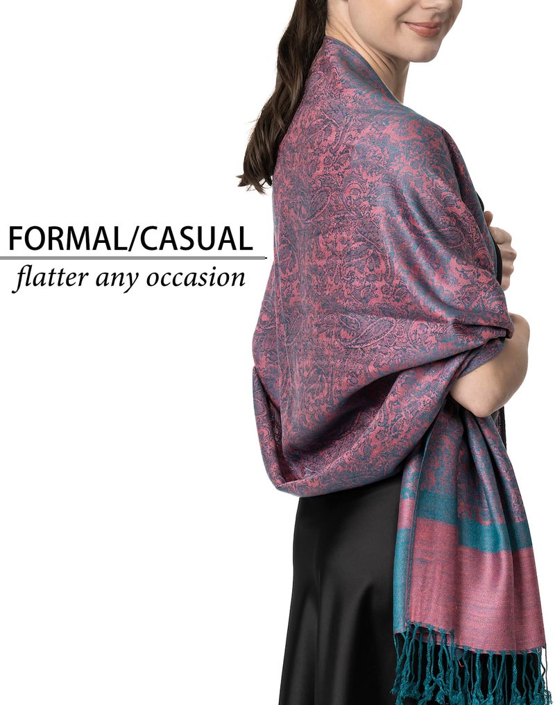 Achillea Women's Two Tone Vintage Jacquard Paisley Pashmina Shawl Wrap Scarf (Pink Teal) - Image 4
